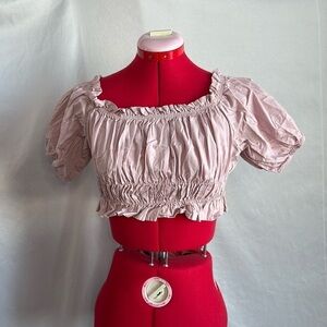 Simply blessed pink ruched crop top with off the shoulder puff sleeves